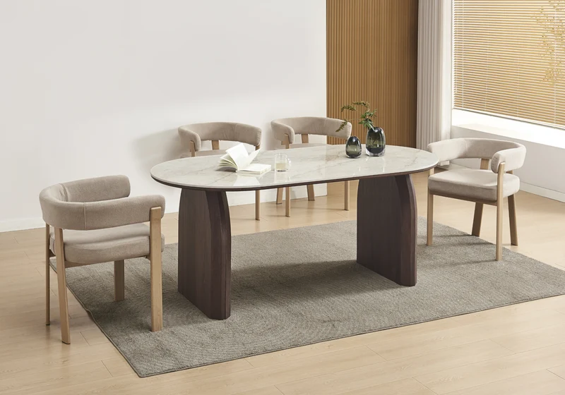 Ensemble table à manger ovale marbre et 4 chaises - Nael