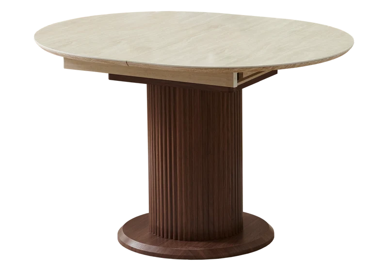 Table à manger extensible ronde travertin noyer - Leon