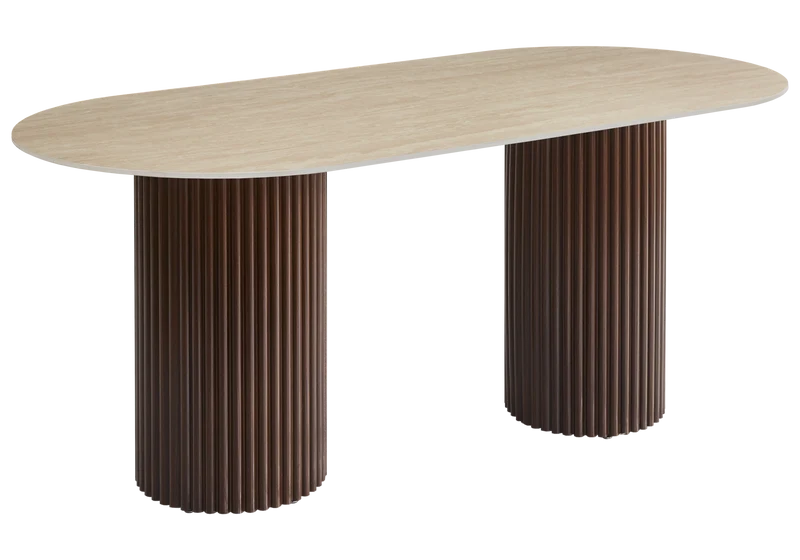 Table à manger ovale travertin mat et pieds noyer - Tivoli