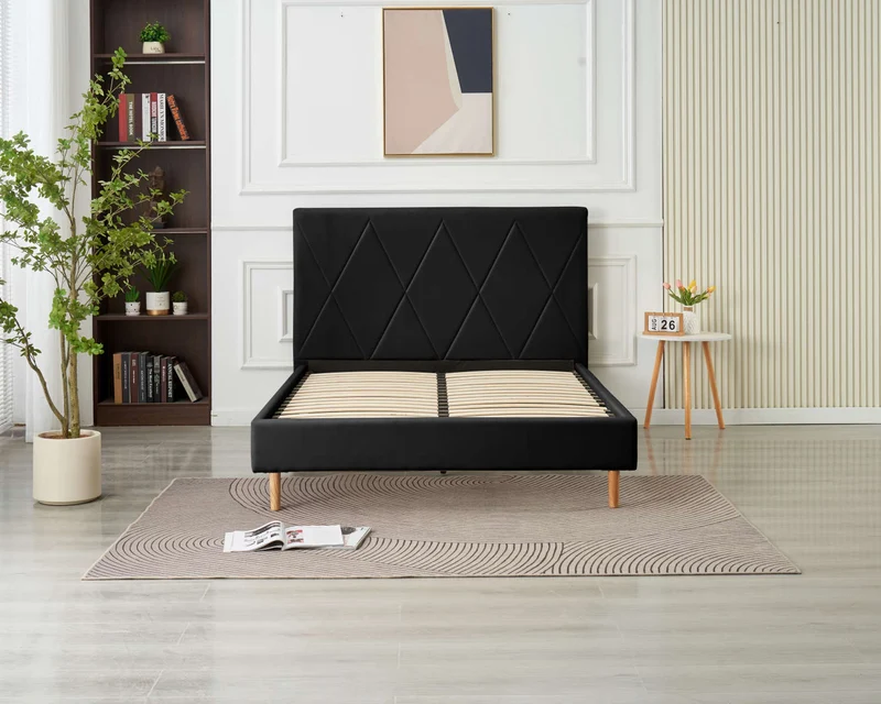 LIT DOUBLE SQUARE PIED BOIS SIMILICUIR NOIR 140X190CM
