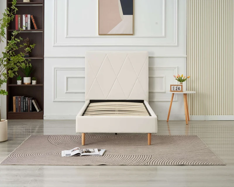 LIT SIMPLE SQUARE PIED BOIS SIMILICUIR BLANC 90X190CM