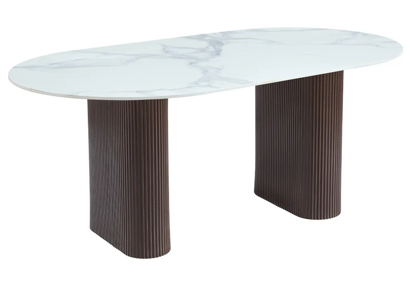 Table à manger ovale effet marbre blanc pieds noyer - Serena
