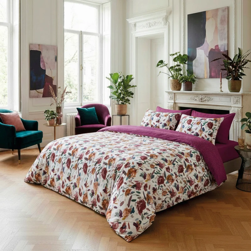 Édredon avec glands satin de coton Arty flowers Blanc - 140 x 200 cm