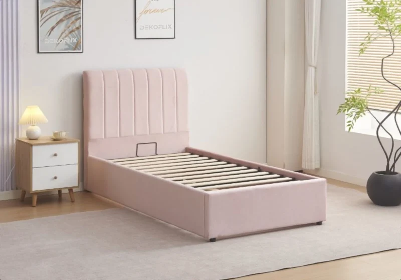 Lit coffre 90x190 velours rose avec sommier - Onora