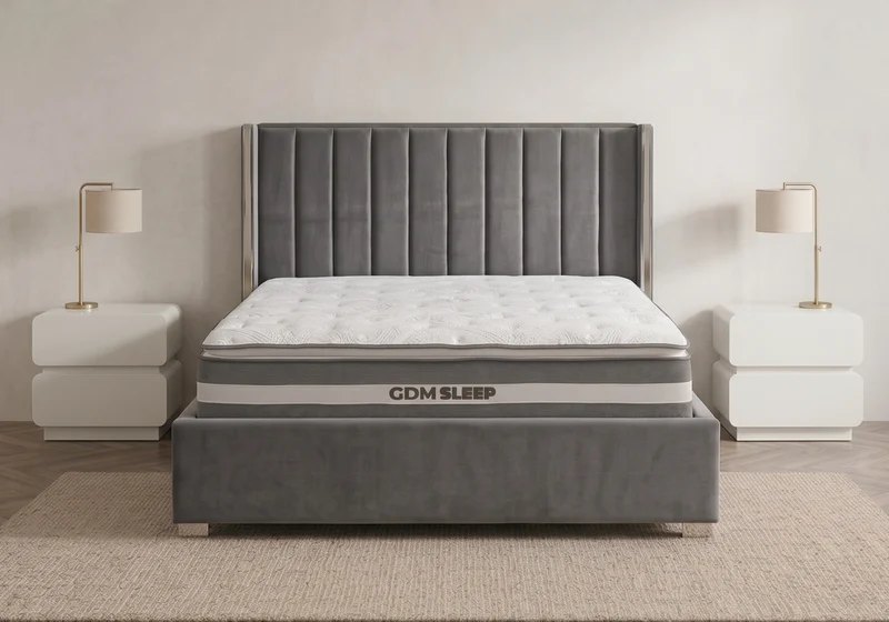 Ensemble lit coffre gris argenté et matelas ressorts - Jade