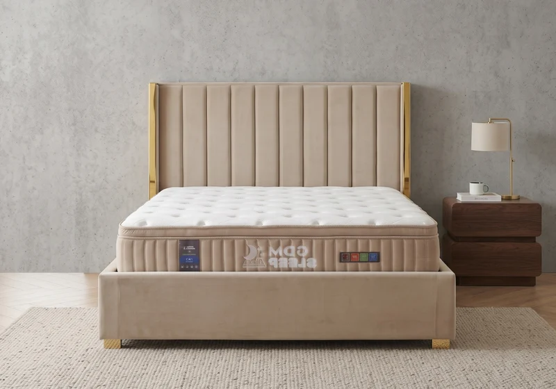 Ensemble lit coffre taupe doré et matelas ressorts - Jade