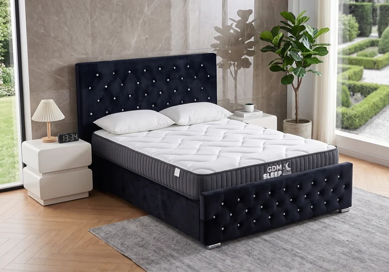 Ensemble lit capitonné noir à strass et matelas ressorts - Anis