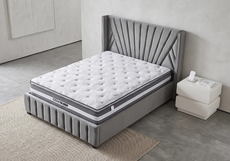 Ensemble lit en velours gris et matelas 7 zones - Venice