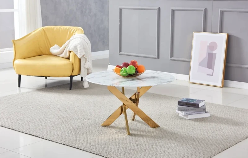TABLE BASSE RONDE JESSY GOLD MARBRE BLANC 80x45 cm
