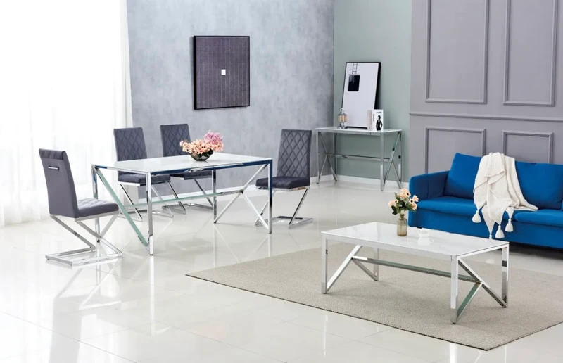 TABLE BASSE MAJESTIQUE CHROME VERRE MARBRE BLANC 120x60x45 cm