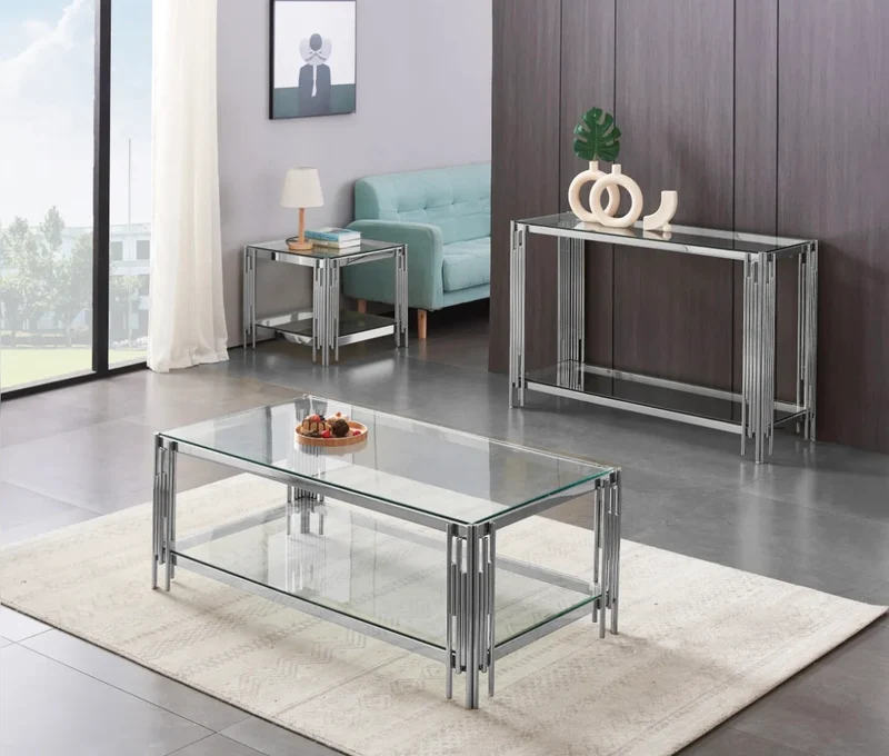 TABLE BASSE FLUTE CHROME TRANSPARENT 120x60x45 cm