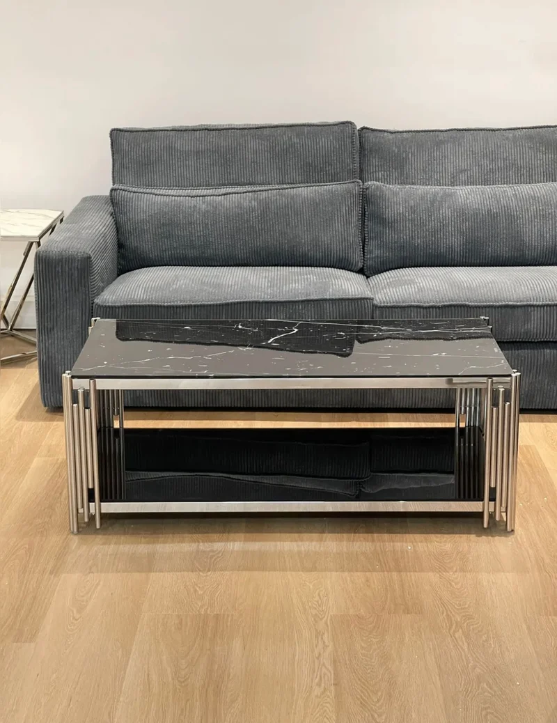 TABLE BASSE FLUTE CHROME VERRE MARBRE NOIR ET VERRE NOIR 120X60X45