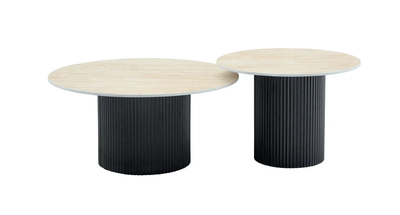TABLE BASSE GIGOGNE MINA PIED NOIR PLATEAU CERAMIQUE TRAVERTIN MAT 60x45cm + 80x38cm