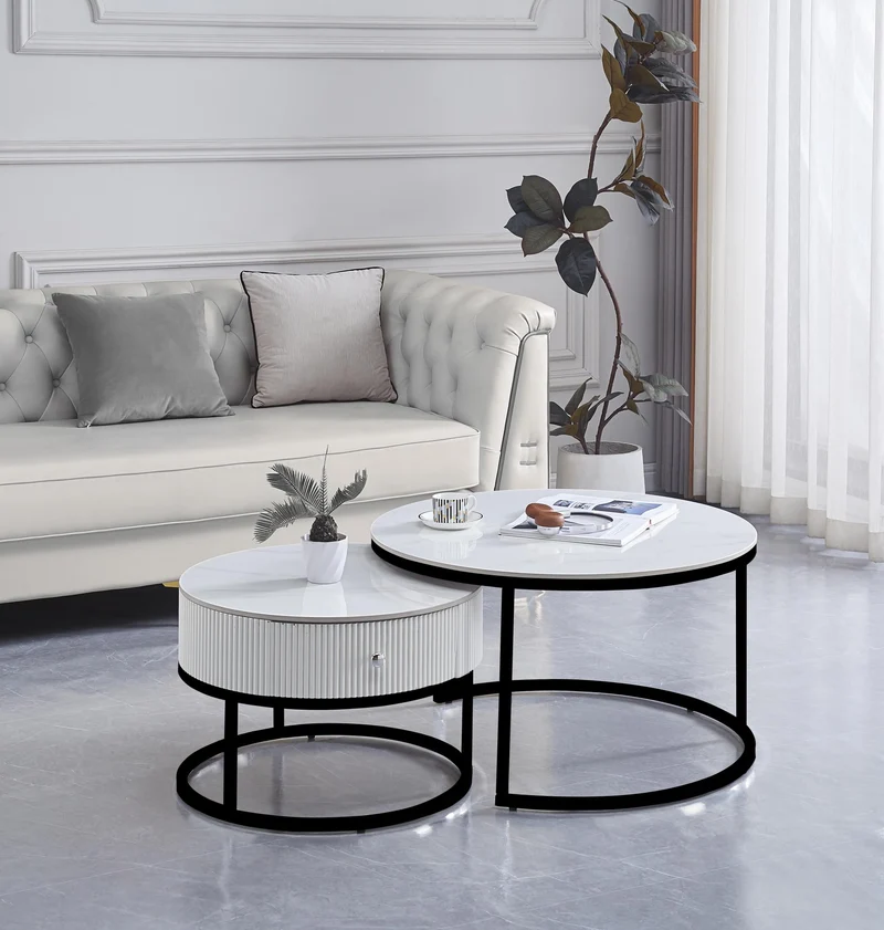 TABLE BASSE GIGOGNE SAMIRA METAL NOIR TIROIR CERAMIQUE MARBRE BLANC 80+60CM