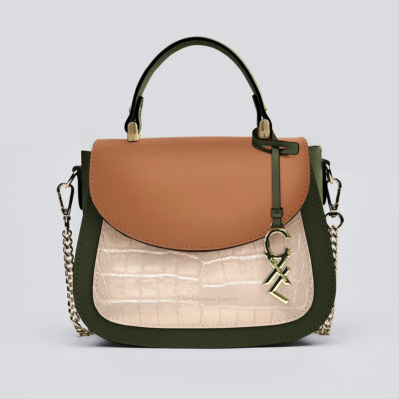 Petit sac à main Haussmann en cuir croco et rabat cuir lisse