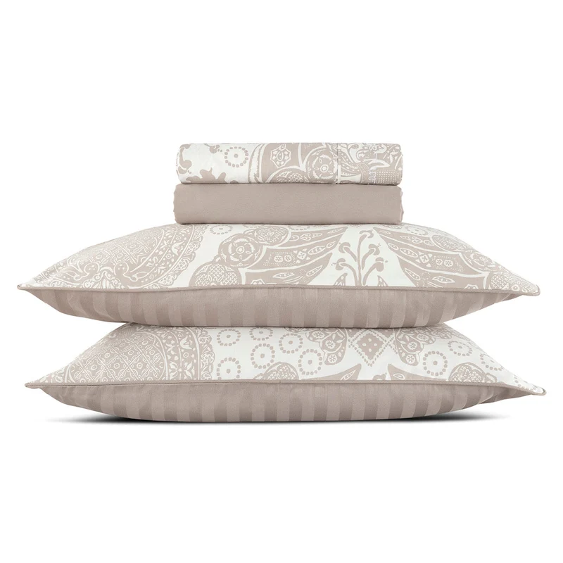 Ensemble de draps : drap-housse, drap plat, taie(s) d'oreiller en satin de coton - dessin Arles Taupe