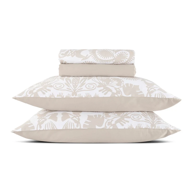 Ensemble de draps : drap-housse, drap plat, taie(s) d'oreiller en satin de coton - dessin Love Stories Taupe