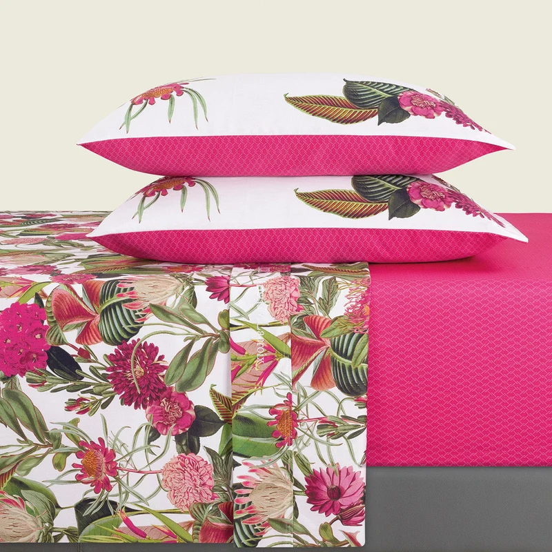 Ensemble de draps : drap-housse, drap plat, taie(s) d'oreiller en satin de coton - dessin Garden Fuchsia