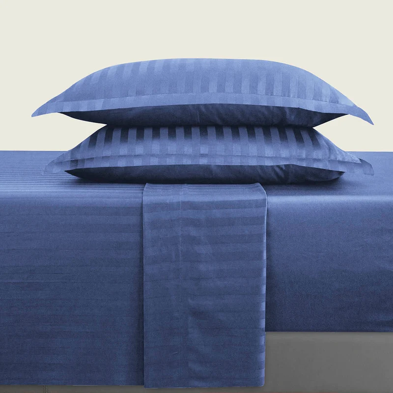 Ensemble de draps satin de coton rayure tissé dobby - Bleu