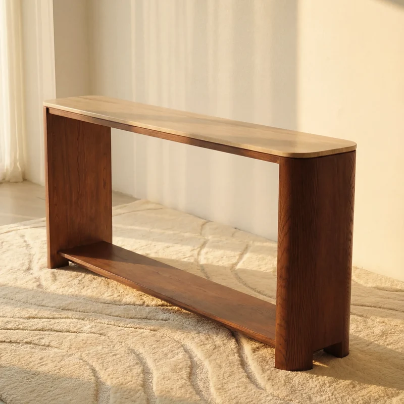 Ovelo Console Table Oak wood with travertine top