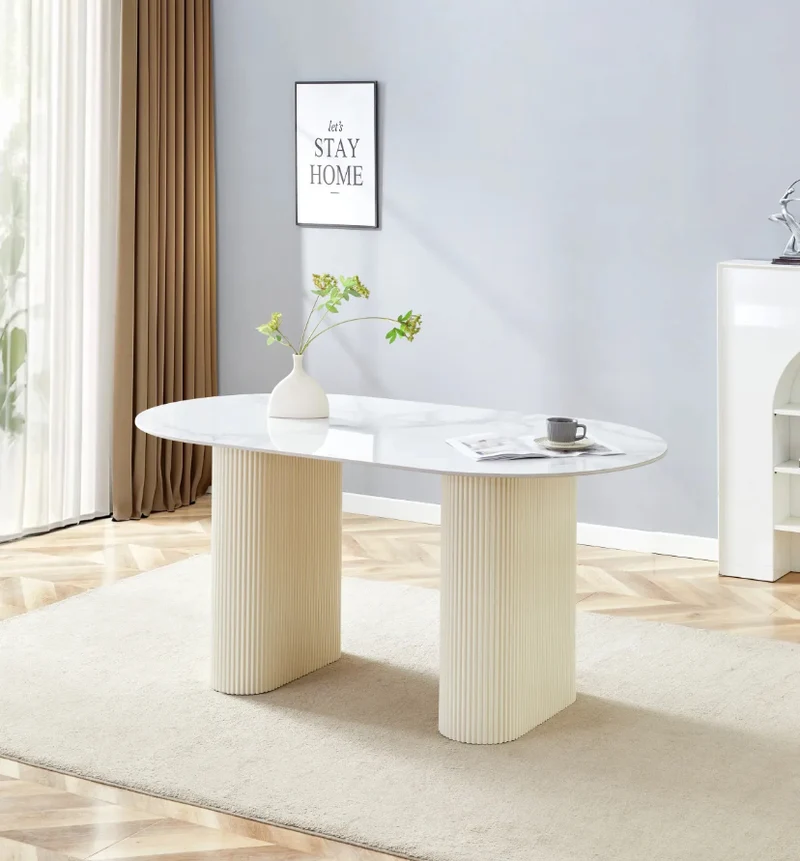 TABLE A MANGER SELENA PIED BEIGE PLATEAU CERAMIQUE MARBRE BLANC 180x90cm