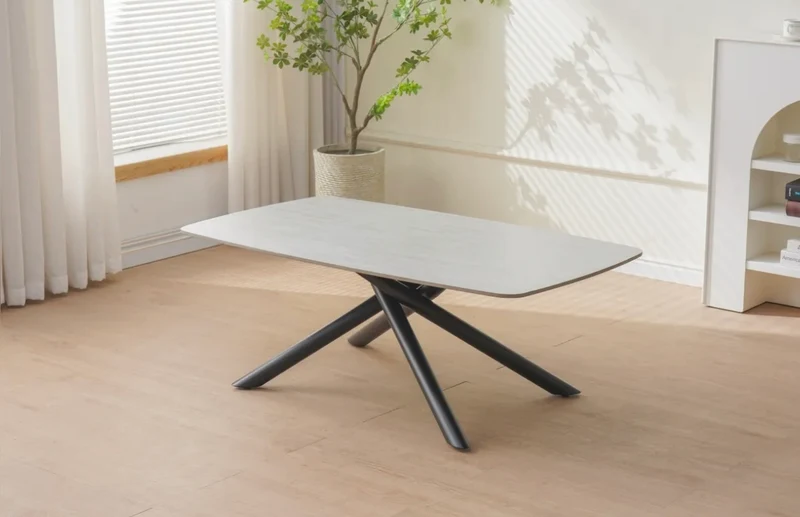 TABLE BASSE NYSA PIED METAL NOIR CERAMIQUE TRAVERTIN MAT 120x70x45cm