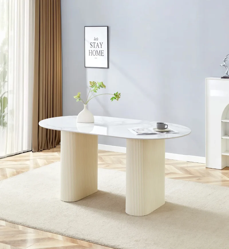 TABLE A MANGER SELENA PIED METAL NOIR PLATEAU EN CERAMIQUE MARBRE BLANC 180x90cm
