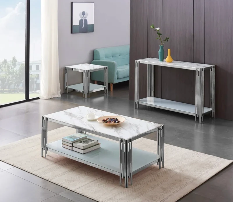 TABLE BASSE FLUTE CHROME BLANC ET MARBRE BLANC 120X60cm