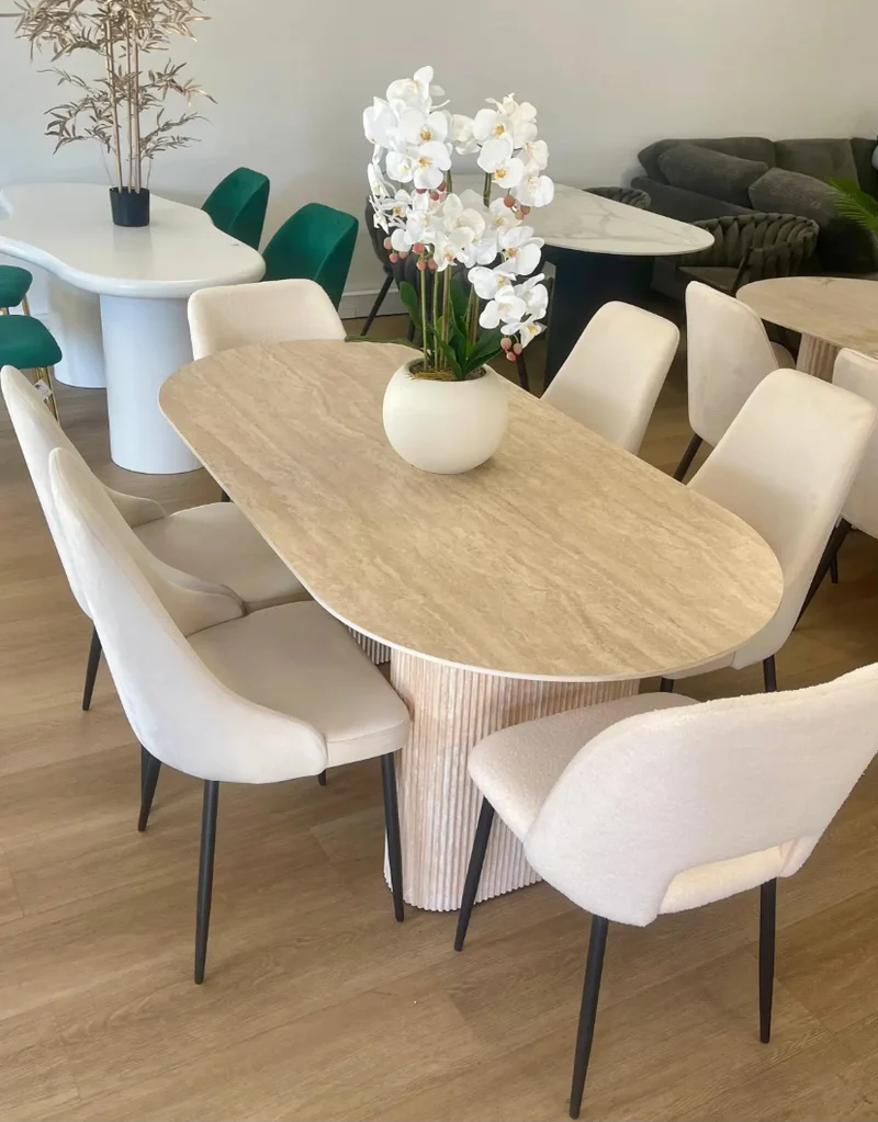 TABLE A MANGER ROXY PIED EFFET TRAVERTIN CERAMIQUE TRAVERTIN MAT 180x90cm