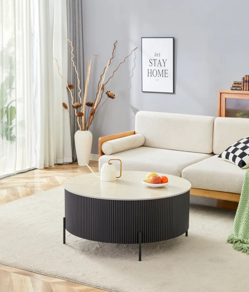 TABLE BASSE RUBY PIED NOIR CERAMIQUE EFFET TRAVERTIN MAT 90cm