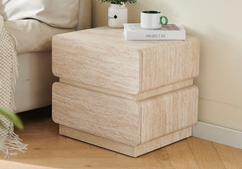 Table de chevet arrondie effet travertin - Duna