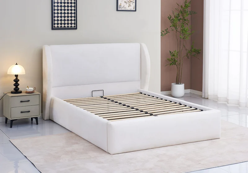 Lit coffre complet en tissu beige - Aura