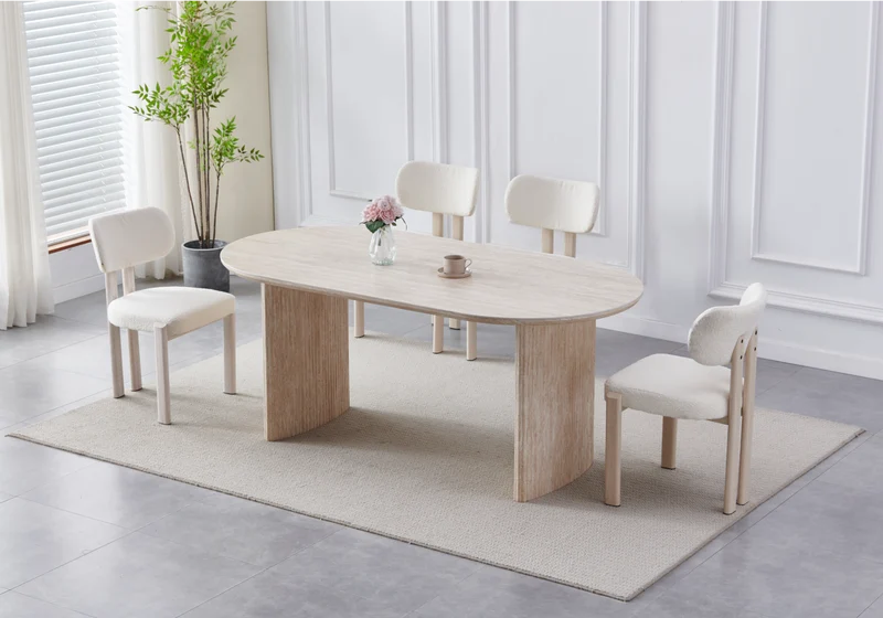 Ensemble table ovale travertin et chaises - Kara