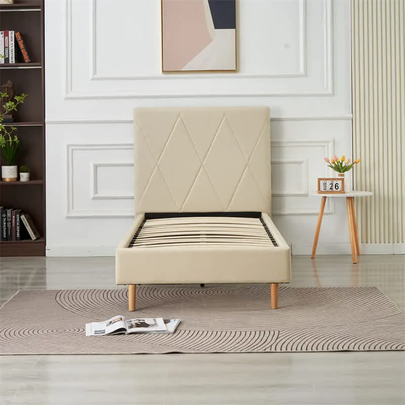 LIT SIMPLE SQUARE PIED BOIS SIMILICUIR BEIGE 90X190CM