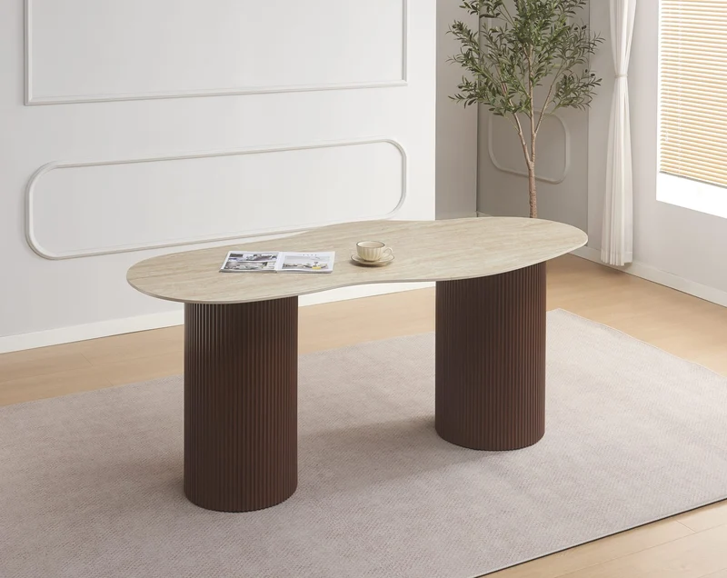 TABLE A MANGER NIKI PIED NOYER PLATEAU CERAMIQUE TRAVERTIN MAT 180CM