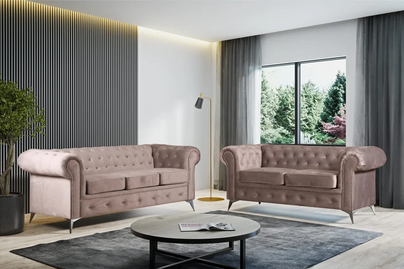 ENSEMBLE CANAPE CLOUTE TIFFANY 3 PLACES + 2 PLACES VELOURS BEIG