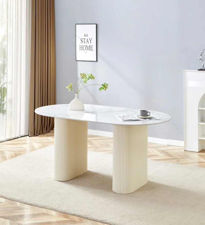 TABLE A MANGER ROXY PIED BEIGE CERAMIQUE MARBRE BLANC 180x90cm