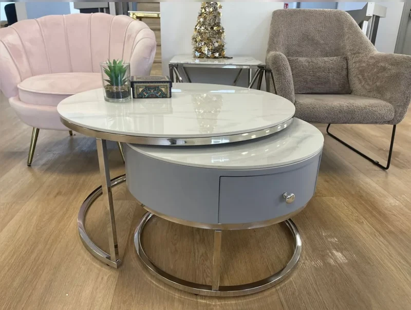 TABLE BASSE GIGOGNE NOVELA TIROIR GRIS PIEDS CHROME MARBRE BLANC 80+60cm