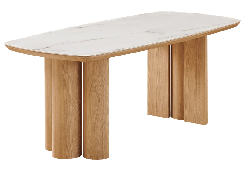 Table à manger ovale marbre beige et bois - Doria