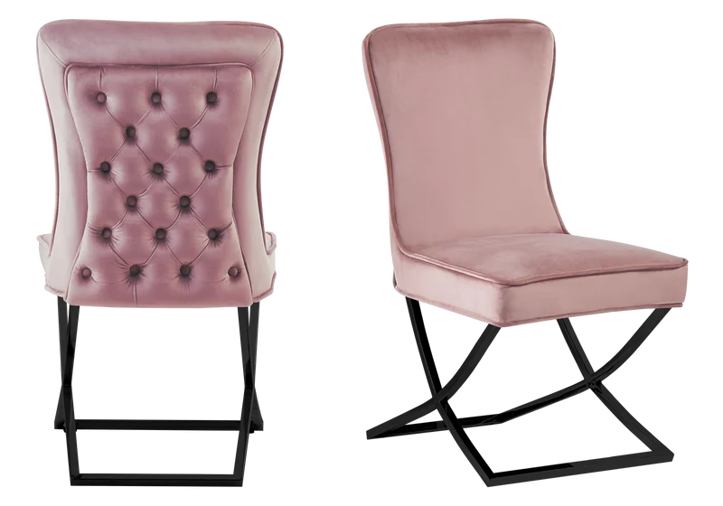 Chaise capitonnée pied croisé noir rose - Enzo x2