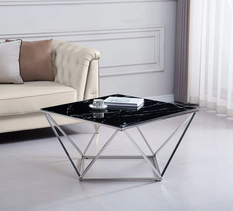 Table Basse ALINA Chrome plateau en verre marbré noir 80x80x45 cm