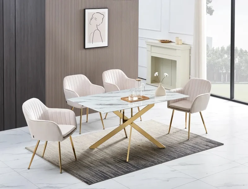 Table Repas JESSICA XXL Gold et plateau en verre 180 cm 6 à 8 couverts