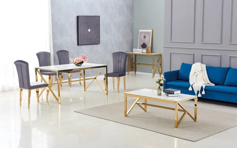 TABLE BASSE MAJESTIQUE GOLD VERRE MARBRE BLANC 120x60x45 cm