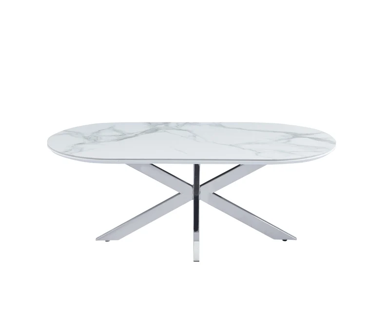 TABLE BASSE MANON PIED CHROME PLATEAU CERAMIQUE MARBRE BLANC 120X60CM
