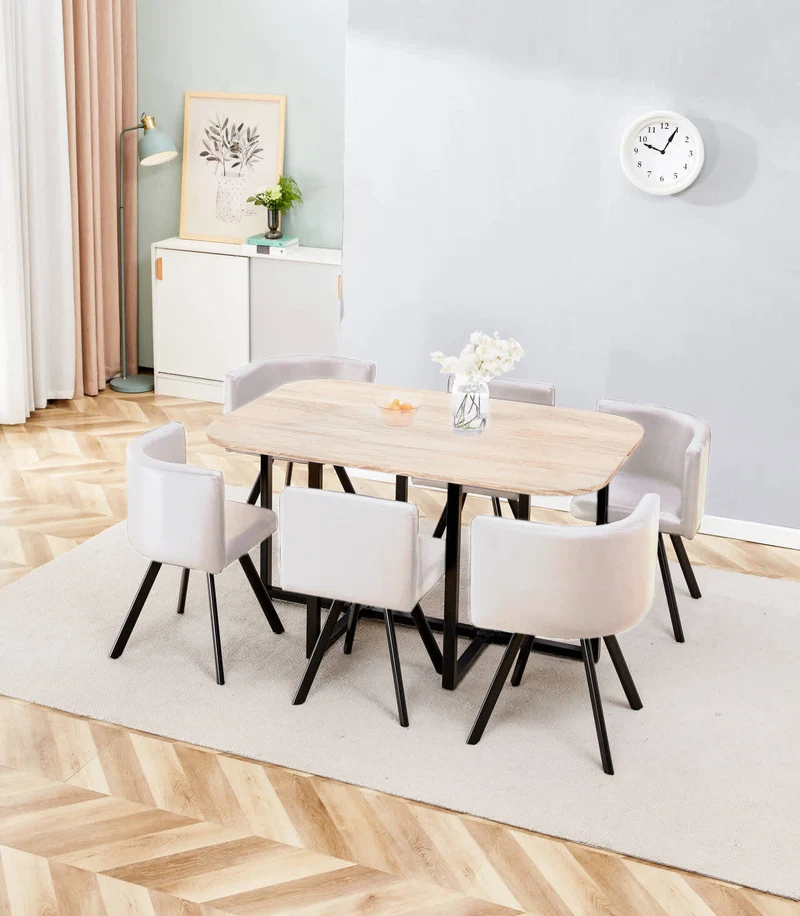 ENSEMBLE VENDOME 6+1 BOIS CHAISE BEIGE PIED NOIR 140X90cm