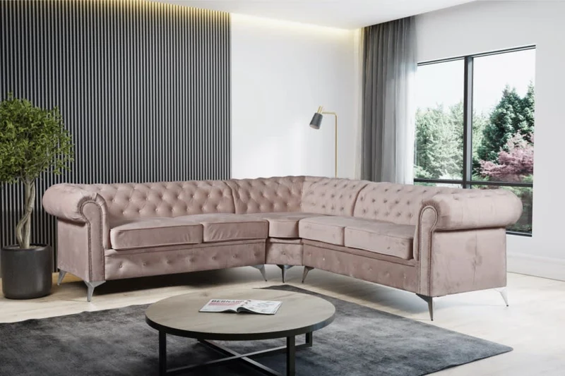CANAPE D ANGLE CLOUTE TIFFANY VELOURS BEIGE 263x263cm
