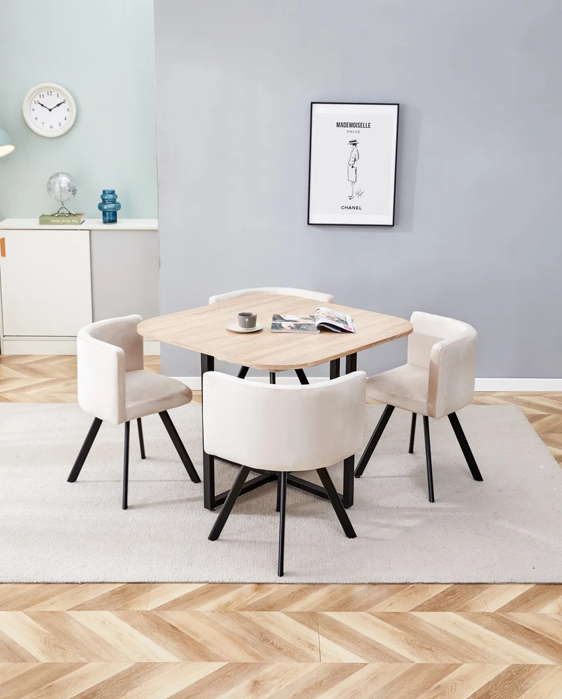 TABLE REPAS VENDOME PLATEAU EN BOIS AVEC 4 CHAISES EN VELOURS BEIGE 100x100x75