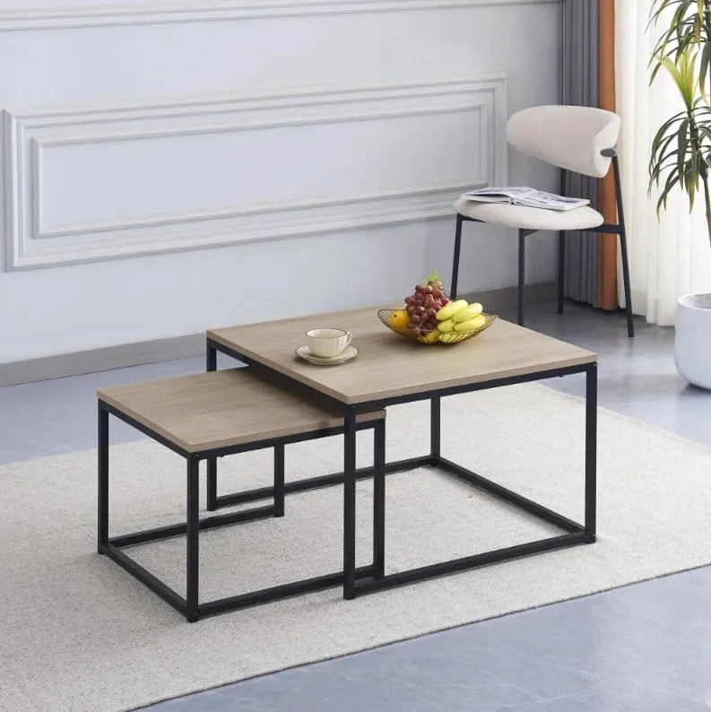 Table basse gigogne BELGRADE métal noir plateau en bois