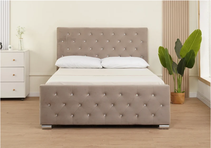 Lit double capitonné en velours taupe avec strass - Anis