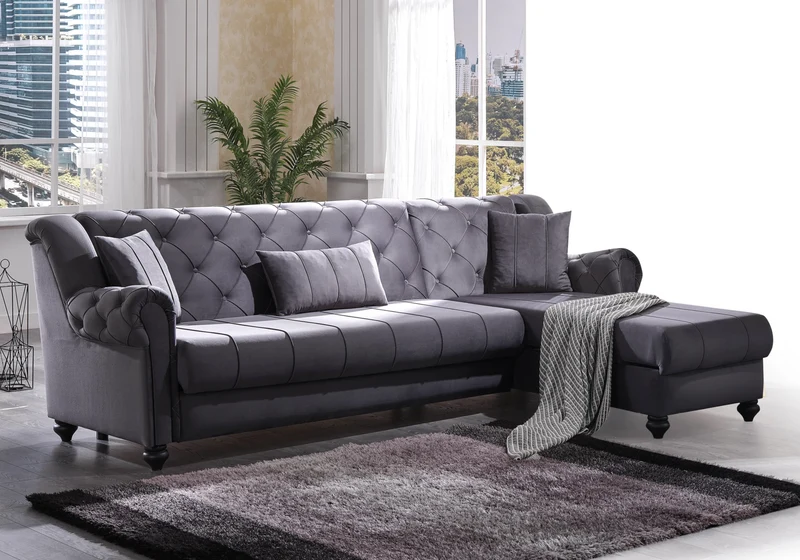 Canapé méridienne velours gris capitonné – MEVA